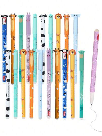 12pcs Random Animal Shaped Erasable Gel Pen Set, Multi-Color Ink, Cute Lion, Elephant, Cow, Dinosaur Designs, Suitable For Writing, Drawing, Homework, Doodling, Can Be Used As Student Rewards