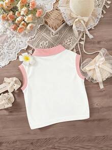 1pc Girls Cute Sleeveless Top, Polo Collar, Pink Bow Print, Sleeveless T-Shirt, Suitable For Spring/Summer Travel - Pink - View 4