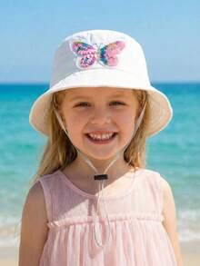 1顶女童亮片蝴蝶渔夫帽，可调节，时尚防晒帽，适合春夏佩戴 - 白色 - 查看 8