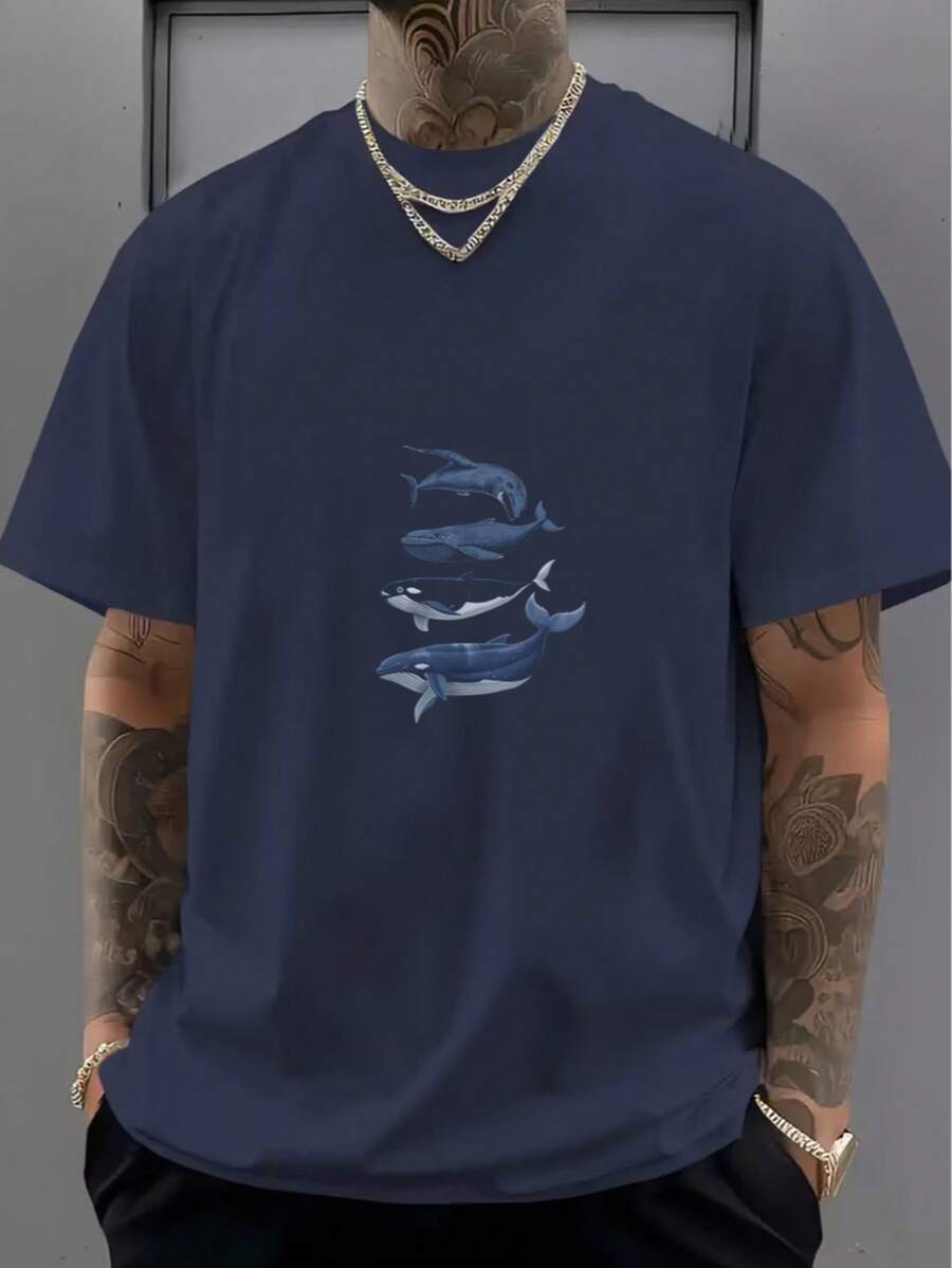 Esencial de Camiseta de algodón con patrón de ballenas negras - Azul Marino - Ver 1