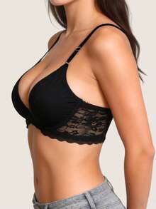 女士前扣式无钢圈黑色蕾丝文胸，露背设计，性感提拉塑形，可拆卸胸垫。完美搭配婚纱、礼服和抹胸裙。 - 黑色 - 查看 5