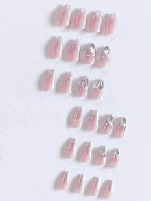 24 piezas de uñas con forma de almendra, estilo fresco y puro de verano, con diseño pintado, completamente cubiertas, hechas a mano con polvo brillante y diamantes, incluye un juego de herramientas para uñas. Adecuado para que las niñas y mujeres lo usen en fiestas, bailes, vacaciones y en la vida diaria