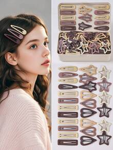 15件/套 女孩Morandi彩色爱心、星星、水滴镂空可爱甜美发夹、刘海夹、装饰发饰，适合日常佩戴和返校季使用 - 彩色 - 查看 6