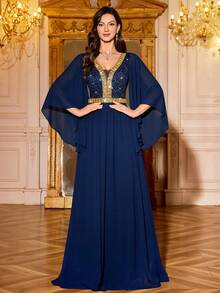 MIUSOL Deep V-Neck Floral Lace Contrast Sequin Ruffle Sleeve Pleated Hem Chiffon Formal Party Maxi Dress, Elegant Ladies Party Gown, Formal Evening Dress, Ball Gown, Suitable For Wedding Guest, Graduation Ceremony, Gala Dinner And Other Occasions - Navy Blue - View 6