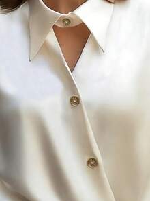 女士新款春秋季纯白色纽扣优雅镂空宽松长袖衬衫，适合办公室、休闲、度假、通勤、晚间约会等场合。 - 白色 - 查看 5