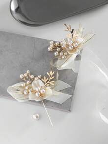 2pcs Luxury Triangle Leaf Metal Alloy Accessories Boutonniere And Wrist Corsage Set, Suitable For Groom, Bride, Wedding, Engagement, Banquet, Anniversary - Beige - View 2