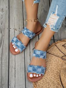 女士夏季牛仔布毛边拖鞋，时尚百搭平底套脚拖鞋，舒适休闲沙滩露趾拖鞋 - 淺藍色 - 查看 2