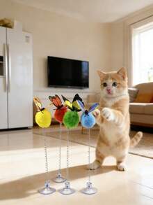 Suction Cup Base Metal Spring Cat Teaser Toy With Plush Ball, Interactive Cat Toy, No Battery Required, Vibrant Colors Suitable For All Cat Breeds, Stimulates Hunting Instincts, Simulates Hunting Scenes, Indoor Boredom Relief, Active Mind And Body, Fun Cat Teaser Gadget - Multicolor - View 4