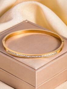 4pcs Stainless Steel Clover Bangle & Ring Set, Gold-Tone With Shiny Rhinestones, Suitable For Women's Daily, Party, Outdoor, Dating, Music Festival, Great Gift For Girlfriend, Mom, Sister, Wife - 4-piece Four-leaf Clover Set - View 7