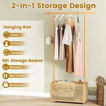 COSTWAY Bamboo Clothes Rack, Coat Hanger Stand With Rattan Storage Basket & Wheels, Rolling Garment Rack, 2-In-1 Clothing Hanging Rail For Hallway Living Room Bedroom, Brown/Natural - Apricot - View 4