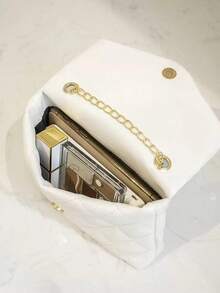 Fashionable Flap Chain Crossbody Bag, Quilted Women's Shoulder Messenger Bag Phone, Suitable Gifts, Vacation, Shopping - 白色 - 查看 6