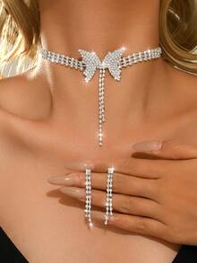 3pcs/2pcs/1pc/Set Butterfly Design Bridal Ladies Crystal Necklace, Earrings, Suitable For High-End Evening Dresses, Parties, And Business.