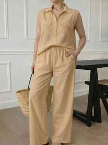 A&DD MODA, REF: AS1923 - Women's Set Consisting Of A Sleeveless Blouse And Pants. The Blouse Has A High V-Neck And Pockets; The Pants Have A Straight Cut, Elastic Waistband And Pockets, Ideal For Everyday Wear, With A Very Casual Style. - 米色 - 查看 5