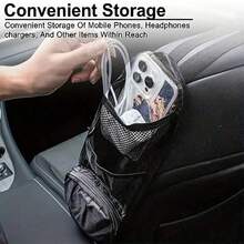 黑色多口袋汽车座椅收纳袋，带网状口袋 - 多功能悬挂式收纳袋，可放置手机、钱包、眼镜 - 涤纶材质，可手洗或干洗 - 适用于轿车、SUV、卡车