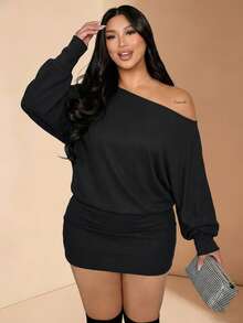 2pcs Plus Size Women's Asymmetric Neckline Asymmetrical Shoulder Long Sleeve Top And Bodycon Mini Skirt Set - Black - View 4