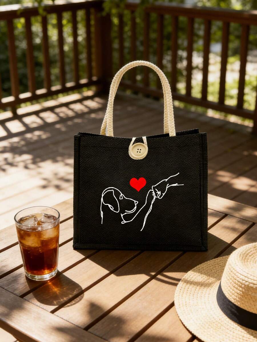 Túi xách tay kiêm túi đựng mỹ phẩm dễ thương, họa tiết hình chú cún con đáng yêu, hình ảnh chú cún con và chủ nhân đang đấm tay chào nhau, họa tiết tình yêu dành cho chó, túi đựng đồ gấp gọn nhẹ, túi xách đa chức năng. - Nhiều màu - Xem 1