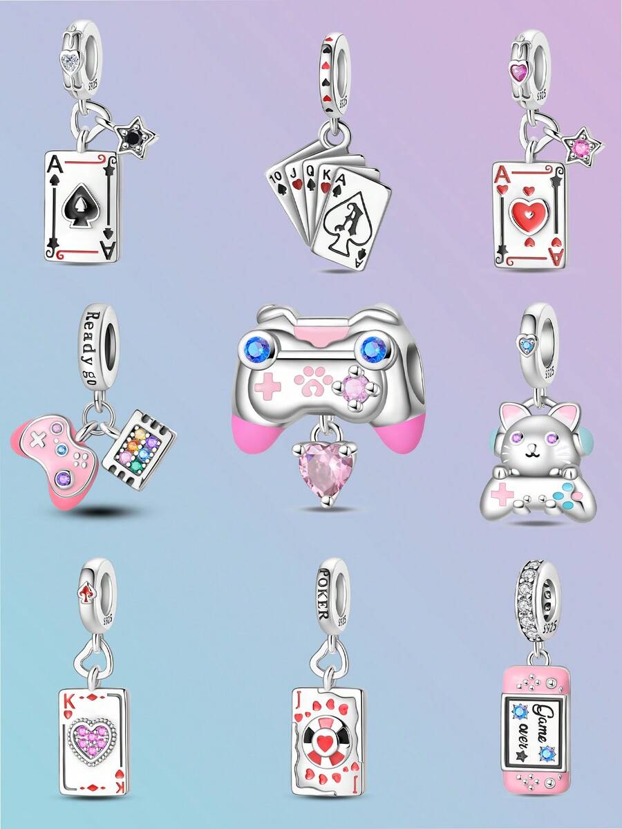 Valentine's Day DIY Silver-Plated Playing Card Pendant, Cat Enamel Crystal Bracelet Necklace Charm, Romantic Game Jewelry Making Supplies - Silver - View 1