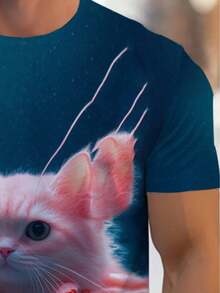 Men'S Casual T-Shirt With Unique Cat-Crab Design - Blue Gradient, Short Sleeve, Round Neck, Comfortable & Stylish For Casual Attire, Everyday Tshirt |   Playful Graphic Tee |   Stretchable Fabric - 混合色 - 查看 6
