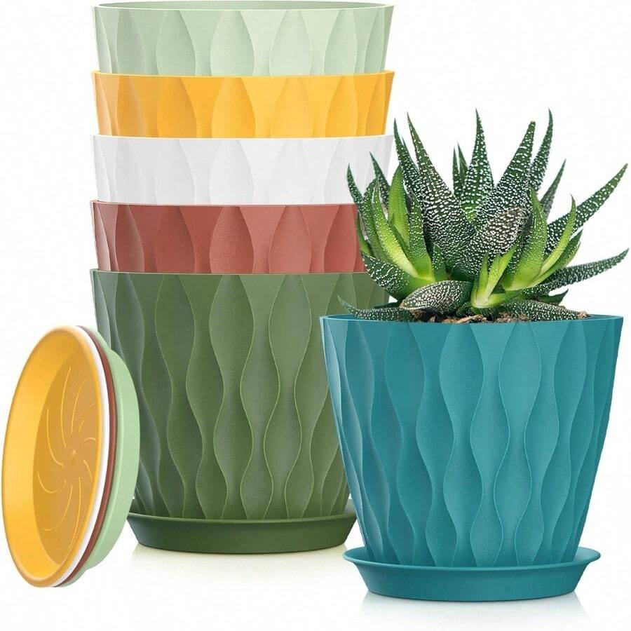 Inch Plant Pots 5 Pack, Flower Planters With Drainage Holes And Trays, Plastic Pots Indoor Outdoor Plants, White - 彩色 + 5英寸 - 查看 1
