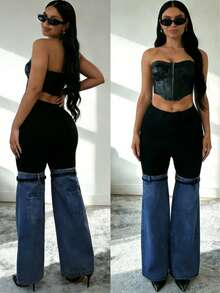 Y2K Streetwear Patchwork Wide Leg Pants For Women High Waist Stretch Black Top With Washed Denim Flared Bottom And Decorative Belt Straps - 藍色 - 查看 3