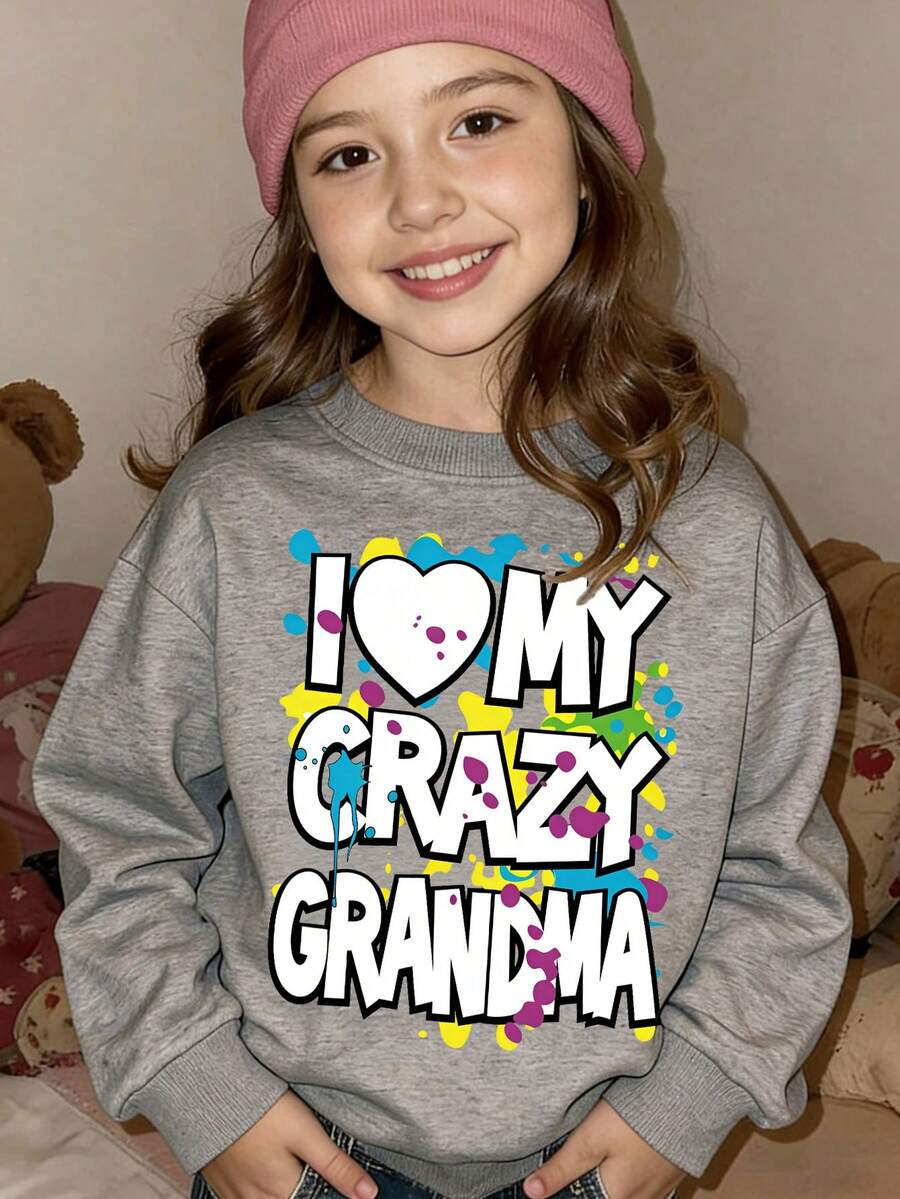 Fashion Family Series Sweatshirt Grandma-Grandkid Theme Graffiti Print Splatter Fun Font Design Soft Warm Fabric Casual Heartwarming Style Top Suitable For Multiple Occasions - 灰色 - 查看 1