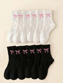 10双/套蝴蝶结中筒袜，黑白简约百搭女士时尚袜，ins风运动袜 - 黑與白 - 查看 6