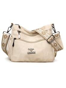 Bolso bandolera de mujer de unicolor con múltiples bolsillos, mochila de tela suave para mediana edad, nuevo estilo de primavera/otoño con decoración metálica, bolso de hombro sencillo - Blanco - Ver 5
