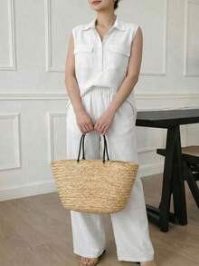 A&DD MODA, REF: AS1923 - Women's Set Consisting Of A Sleeveless Blouse And Pants. The Blouse Has A High V-Neck And Pockets; The Pants Have A Straight Cut, Elastic Waistband And Pockets, Ideal For Everyday Wear, With A Very Casual Style. - 白色 - 查看 4