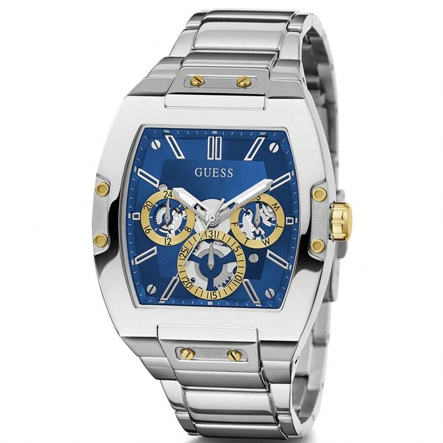 GUESS Men's Phoenix Luxury Sliver Tone Rectangular Watch With Sliver Steel Strap Waterproof Business Casual Wristwatch Men Gifts GW0456G5 - Blue - View 1