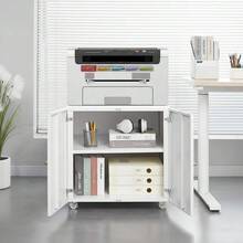 Techigher Metal Printer Stand, Printer Cabinet With Storage, Mobile Printer Table With Wheels & 2 Door, Metal File Cabinet For Home Office Small Spaces - White_2 Layer - View 2