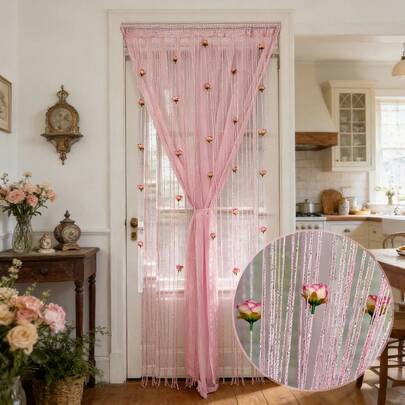 1Pc,Pink Rose Trim With Pink Tulle Double-Layer String Curtain For Partition Curtain, Door Curtain, Hanging Curtain, Window Curtain, Window Screen, Wedding Background, Hotel Decorative Fringe Curtain