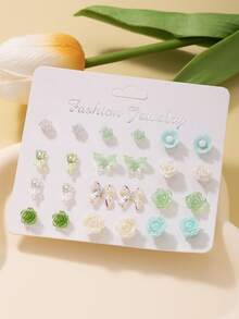 12 pares de pendientes surtidos elegantes y lindos, incluye diseños de moño, flor y resina, pendientes de botón no duplicados para mujeres - Multicolor - Ver 1