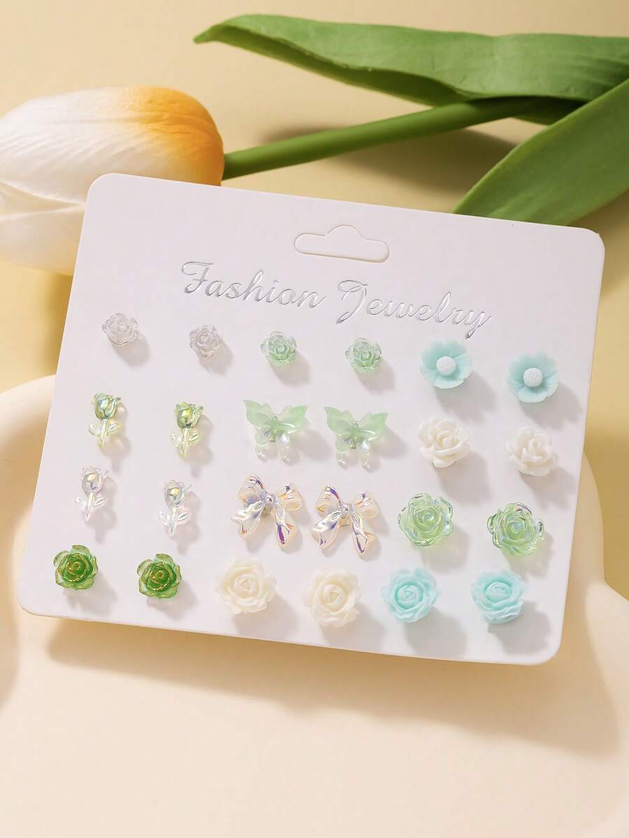 12 pares de pendientes surtidos elegantes y lindos, incluye diseños de moño, flor y resina, pendientes de botón no duplicados para mujeres - Multicolor - Ver 1