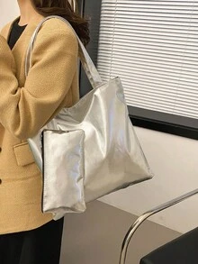 新款简约亮面字母印花两件套单肩包，大容量个性化软PU漆面通勤手提包，高光镜面时尚购物手提包 - 銀色 - 查看 6