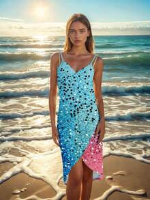 Women's Ombre Sequin Print Beach Cover-Up, Multifunctional Swimsuit Wrap Skirt, Suitable For Summer Vacation - Multicolor - View 2