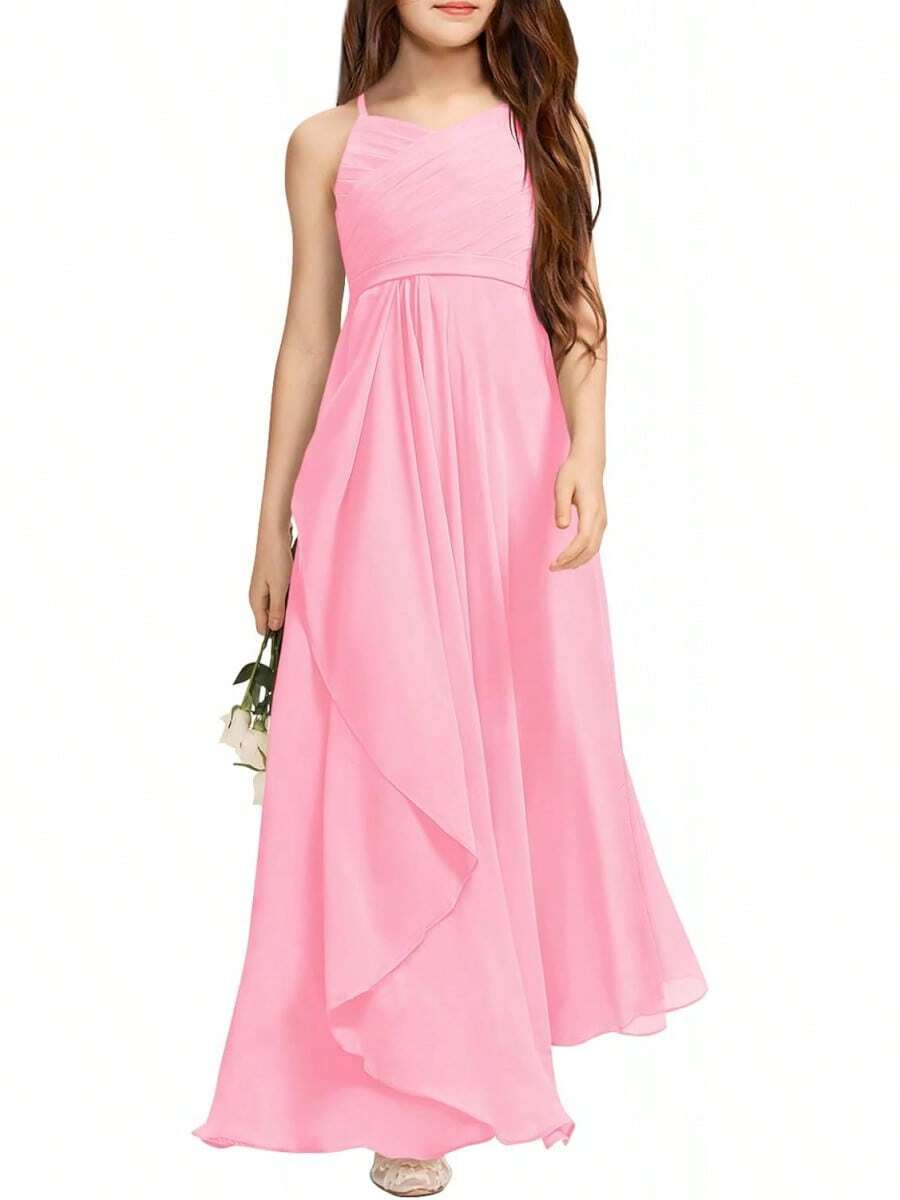 Girls A-Line Halter Maxi Dress - Flowy Chiffon Junior Bridesmaid Flower Girl Gown For Wedding Party & Pageant - 粉色 - 查看 1