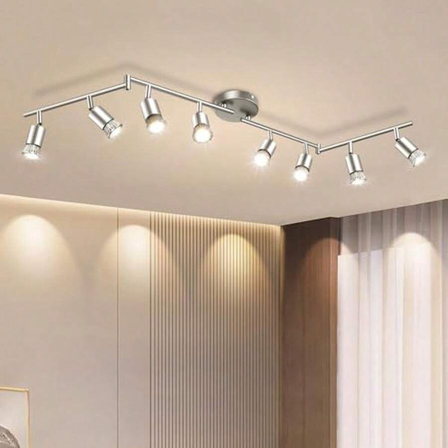 Kit de iluminación de riel, iluminación puntual de techo de 4 vías negra, cabezal de luz giratorio flexible, luz de riel (bombilla no incluida 4 luz, negro) - 8 luz-Níquel - Ver 1