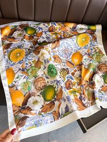 1条女士优雅复古时尚柠檬树印花缎面围巾，波西米亚复古休闲女士颈巾/披肩，轻盈舒适，适合春夏日常穿着、外出、海滩、度假。 - 彩色 - 查看 2