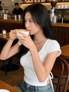 Square Neck Cropped Tie Front T-Shirt For Women - White - View 11