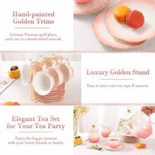 DUJUST 22 Pcs Porcelain Tea Set For 6 Luxury British Style Tea/Coffee Cup Set With Golden Trim Beautiful Tea Set For Women Tea Party Set Gift Package With A Stand - Gradient Pink - Special Gradient Pink - View 4