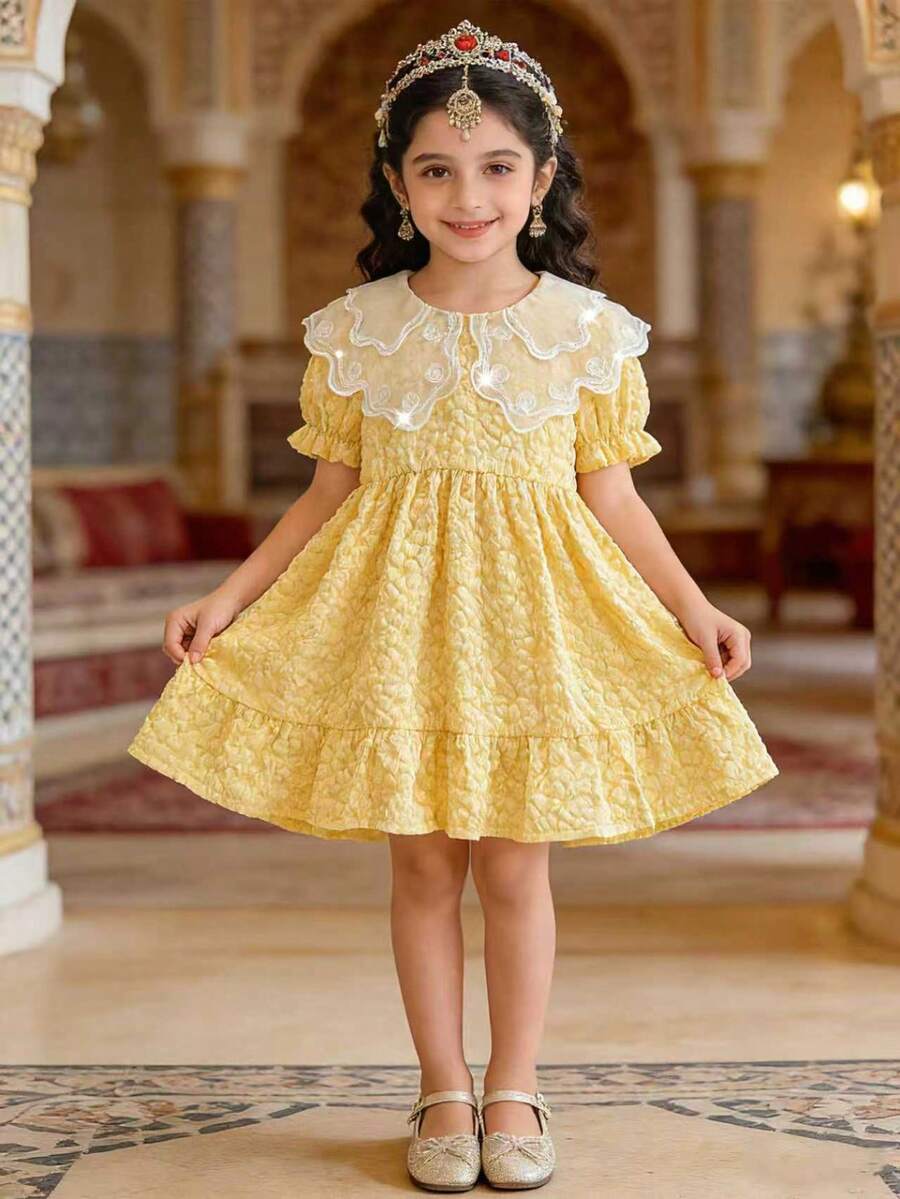 Young Girl' Elegant Middle Eastern Style Summer Party Dress, Floral Lace Collar Design, Textured Fabric, Cute Puff Sleeves, Waist Cinched, Yellow Princess Dress - Yellow - View 1
