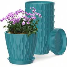 Inch Plant Pots 5 Pack, Flower Planters With Drainage Holes And Trays, Plastic Pots Indoor Outdoor Plants, White - 藍綠色 + 6英寸 - 查看 1