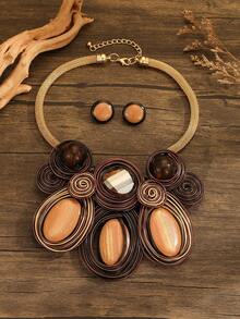 夸张多层手工编织重铝丝树脂链波西米亚欧美中东韩版晚宴派对假日女士时尚精美复古水滴项链耳环