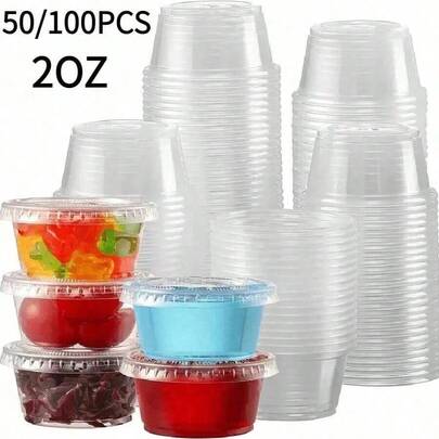50/100pcs 2oz Disposable Condiment Cups With Lids - Perfect For Meal Prep, Portion Control And Salad Dressing - Durable Plastic Material, Leak-Proof Design, Disposable Meal Prep Cup Set