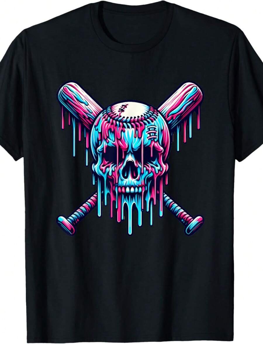 Baseball Skull Drip Baseball Drip Baseball Ice Cream Drip T-Shirt - Negro - Ver 1
