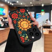 Sol radiante rodeado de coloridas flores y hojas. Esta elegante funda es compatible con los modelos  17, 16, 15, 14 Pro Max, 13, 12, 11, XR y XS Plus. Fabricada en silicona TPU, ofrece protección contra golpes y caídas, además de una sensación superior. Es un regalo ideal para familiares, amigos y seres queridos, y la elección perfecta para Año Nuevo. - Negro - Ver 2