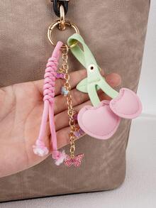 1pc Pink Cherry Leather Design Handmade Woven Rope Keychain, Bag Charm, Valentine's Day Gift
