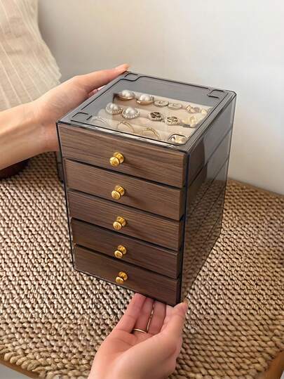 1pc 5/3 Tier Standalone Jewelry Box With Cover, Gold Drawers - Luxury European Style Brown Storage Box For Necklaces, Bracelets, Earrings, Rings - Dustproof & Scratch-Resistant, Suitable For Home Use
