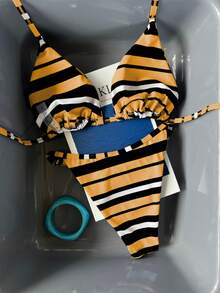 Bộ bikini hai mảnh ôm sát, kiểu dáng retro, sọc đen cam, phong cách nghỉ mát bãi biển. - Nhiều màu - Xem 8