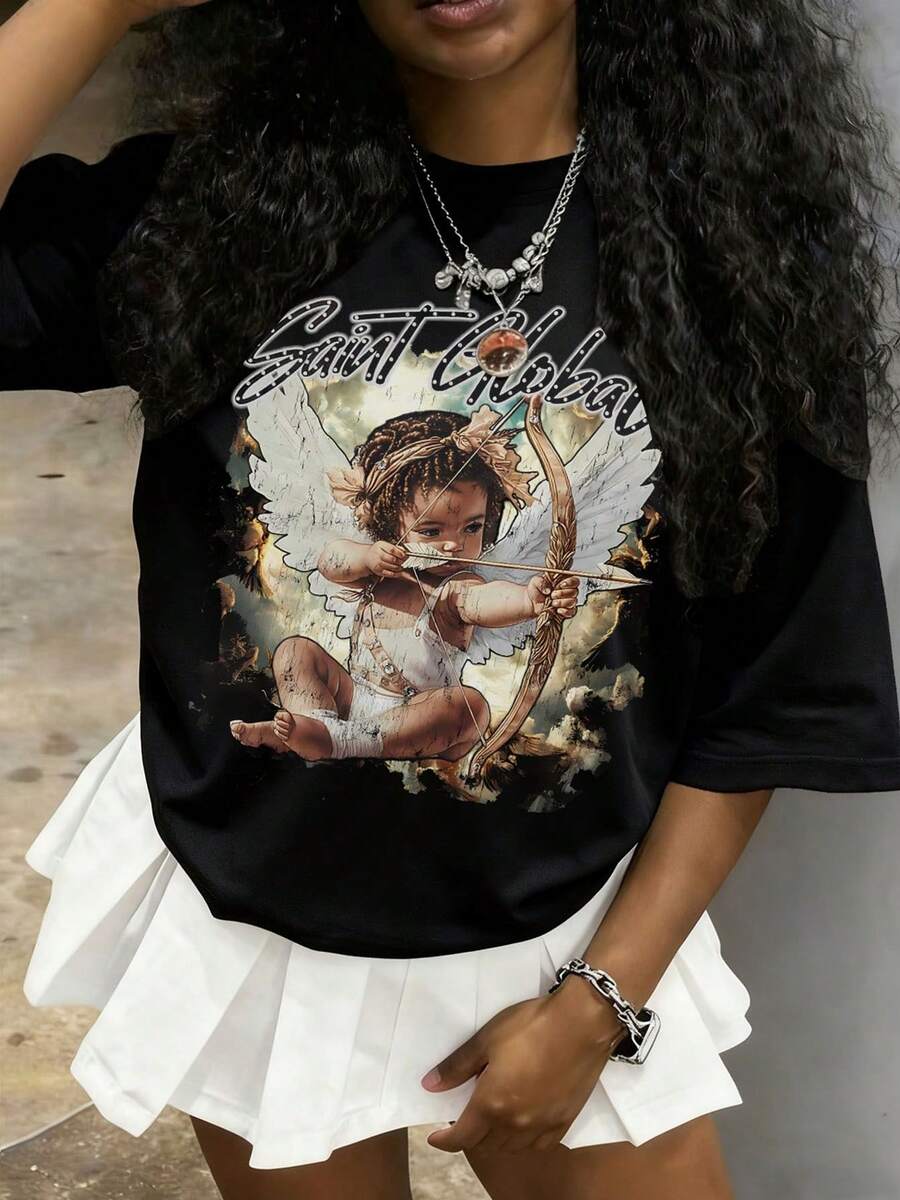 Tween Girl Cotten Clothes,Y2K-Inspired Letter Print T-Shirt - Casual Crew Neck, Short Sleeve, Machine Washable - Perfect For Spring/Summer/Fall,Fashion, Streetwear, Unisex, Men, Women - 黑色 - 查看 1